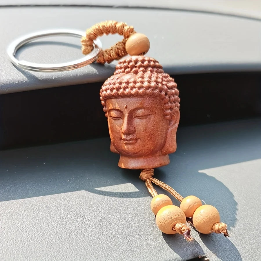 Buddha Head Carved Wood Keychain | Peach Wood Key Ring