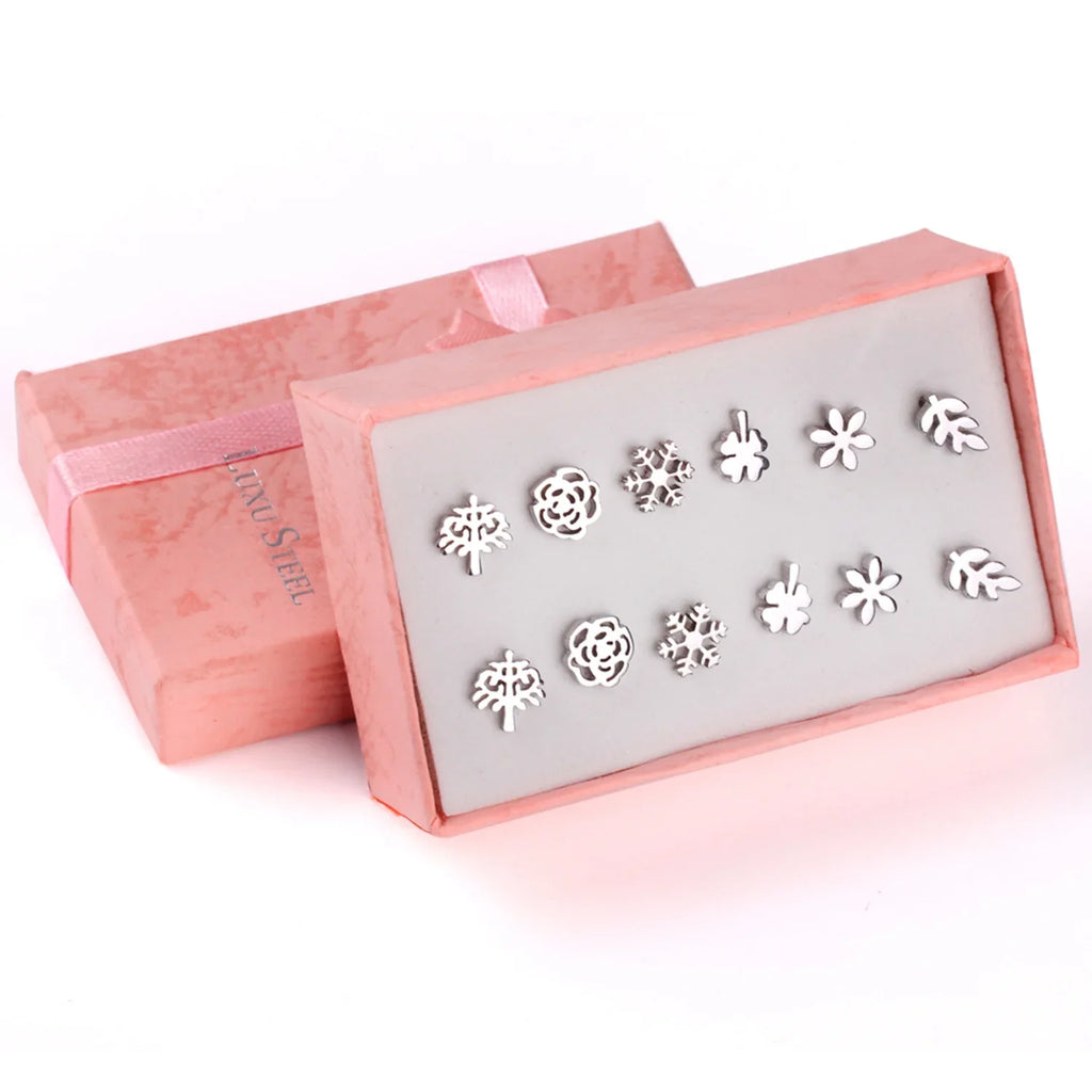 6 Pairs Vintage Stud Earrings Set for Women | Stainless Steel Snowflake Piercing