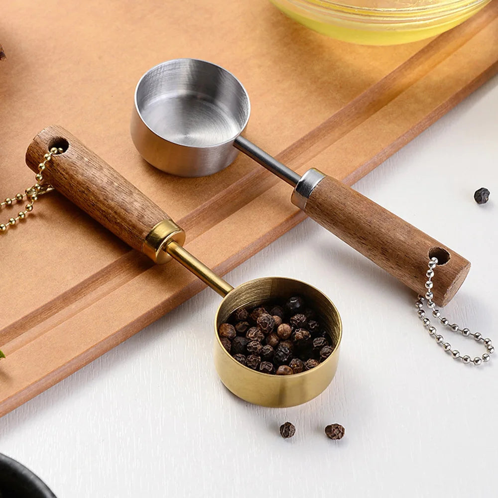 Stainless Steel Measuring Spoon Set | Gold Wood Handle Kitchen Baking Tool