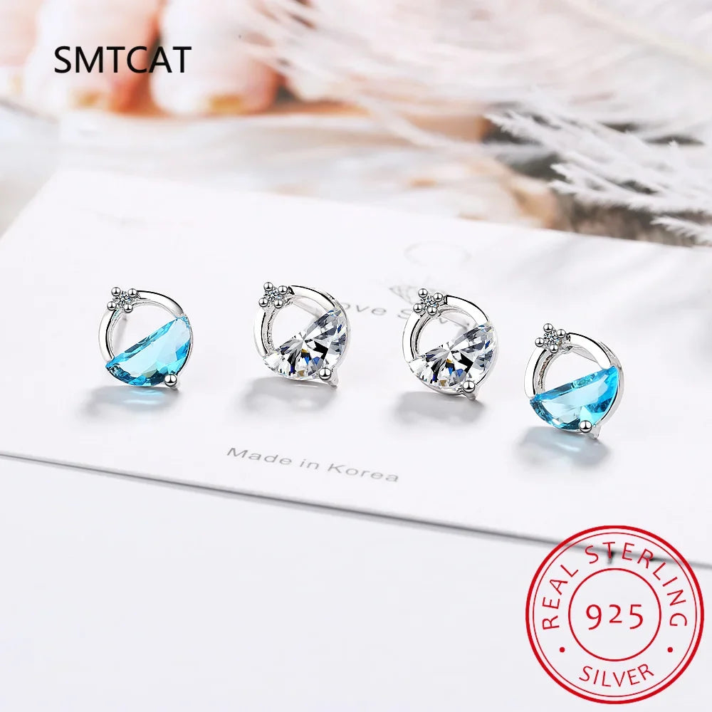 Half Round Natural Sky London Blue Topaz 925 Sterling Silver Spring Water Stud Earrings | Women's Fine Gemstone Jewelry