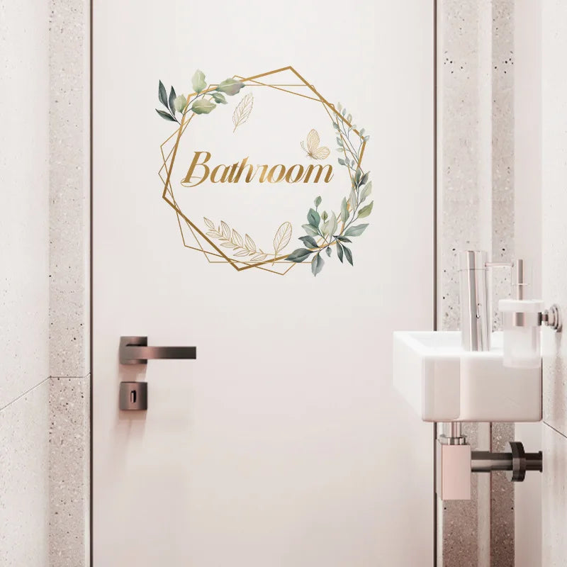 Green Plant Toilet Door Sticker Golden Letter Removable Self-adhesive Waterproof PVC Bathroom Decoration Decal