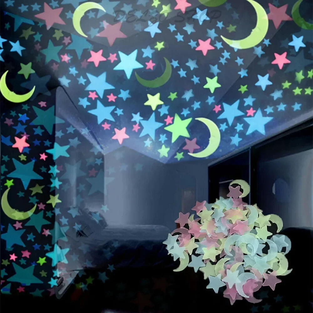 100pcs Glow in The Dark Moon and Star Stickers | Luminous Wall Ceiling Decor for Kids Room