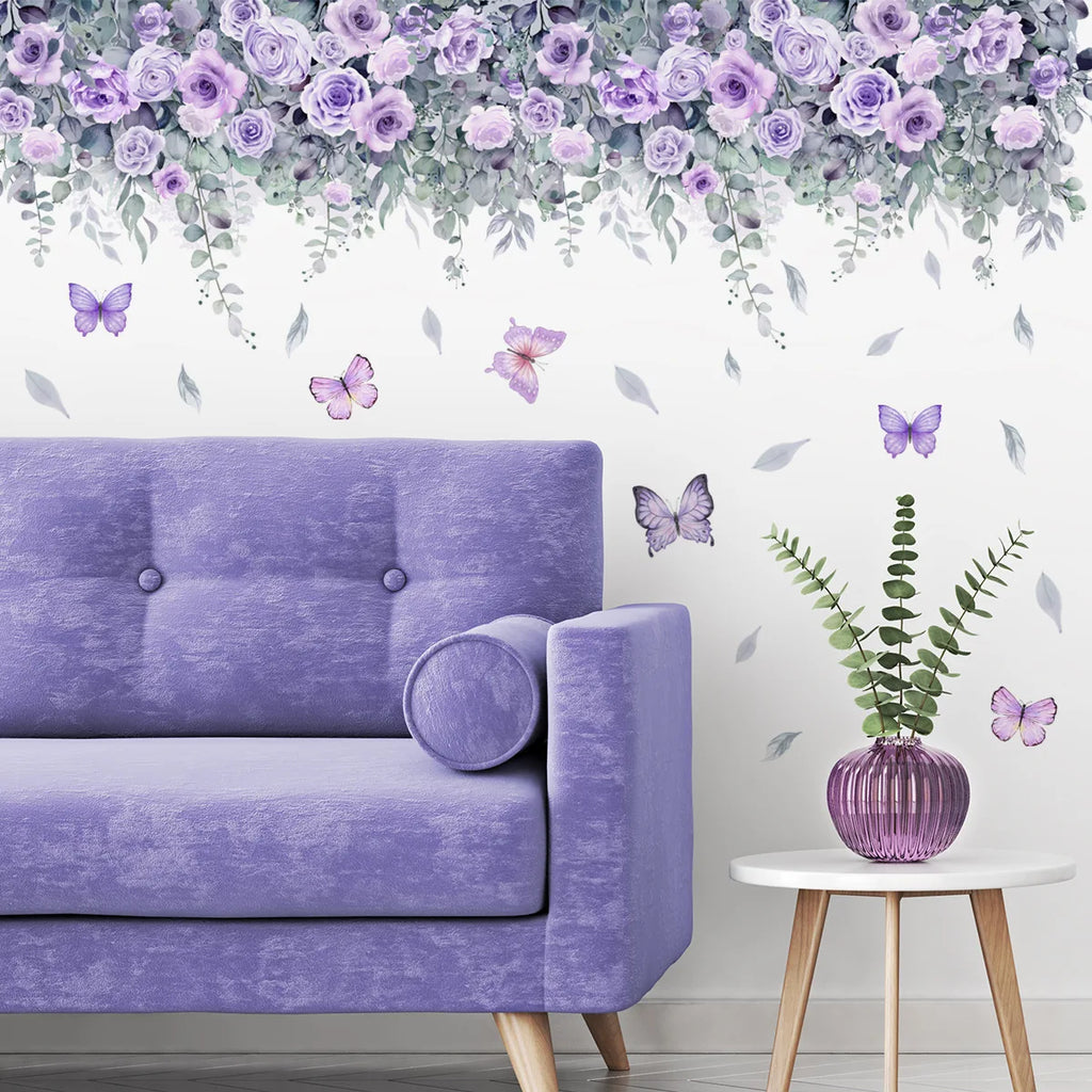 Purple Flower Wall Stickers Self Adhesive | Nordic Art Forest Butterfly Decals for Kids Room