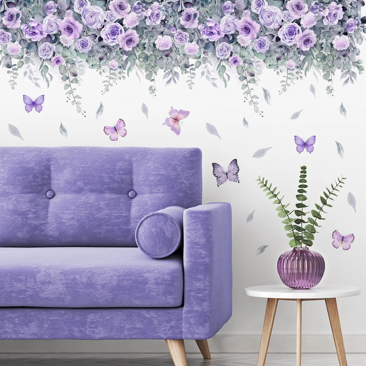 Purple Flower Wall Stickers Self Adhesive | Nordic Art Forest Butterfly Decals for Kids Room