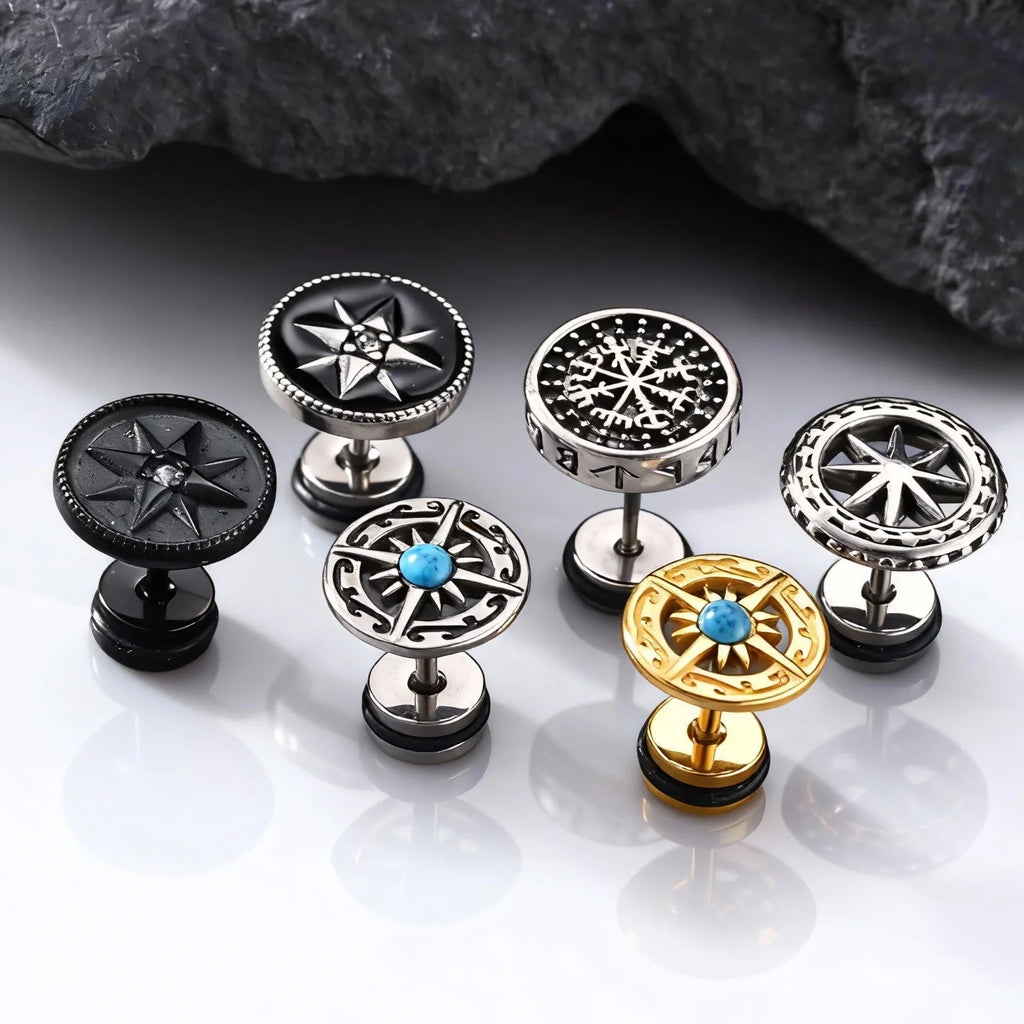Vintage Men's Compass Stud Earrings | Stainless Steel Eight-Pointed Star Fashion Jewelry