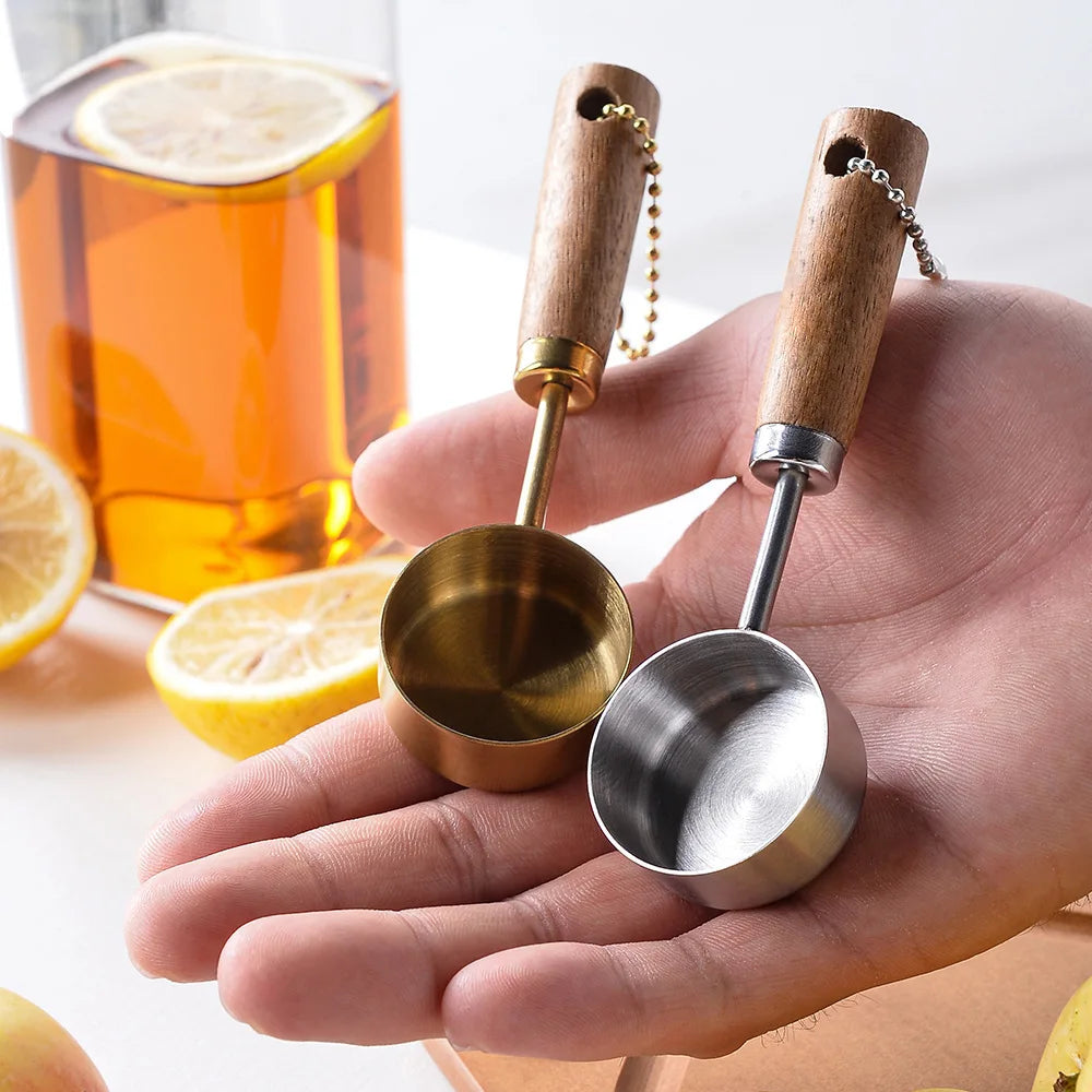 Stainless Steel Measuring Spoon Set | Gold Wood Handle Kitchen Baking Tool