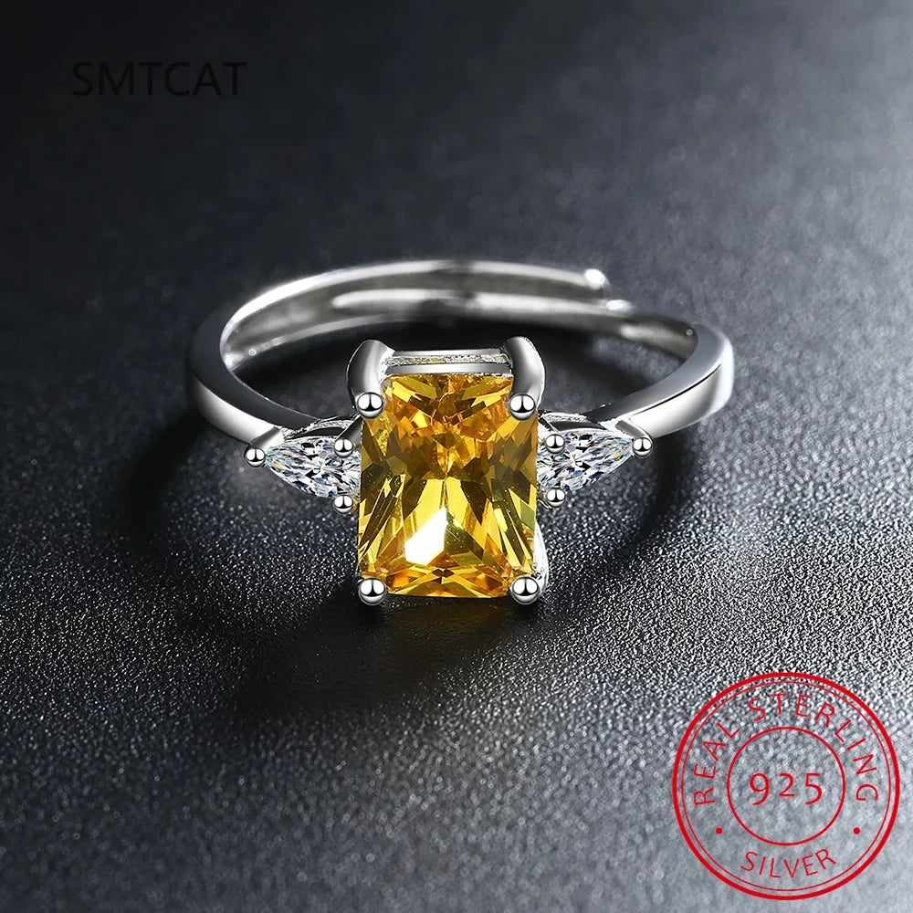 Emerald Cut Citrine Ring | 925 Sterling Silver 3 Stone Wedding Jewelry for Women