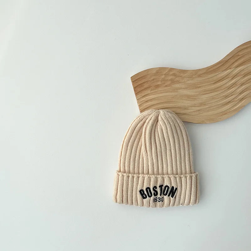 Boston Knitted Baby Hat with Letter Design | Winter Ear Protection Cap