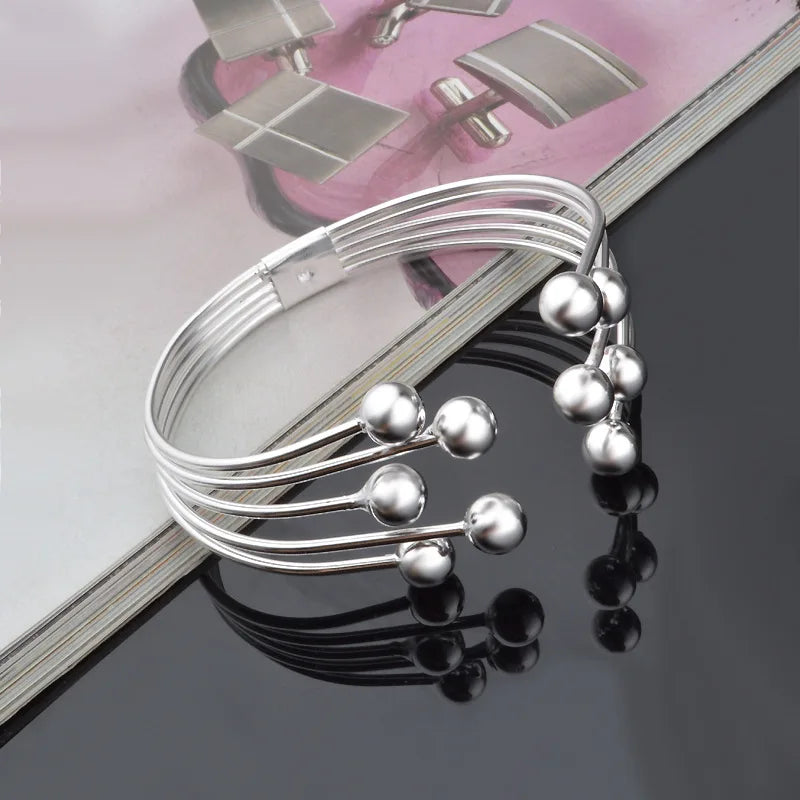 Andara 925 Silver Bead Open Cuff Bracelet Bangle | Unisex Sterling Silver Jewelry Gift
