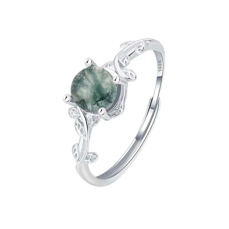 S925 Sterling Silver Green Moss Agate Ring | Classic Women's Wedding Band