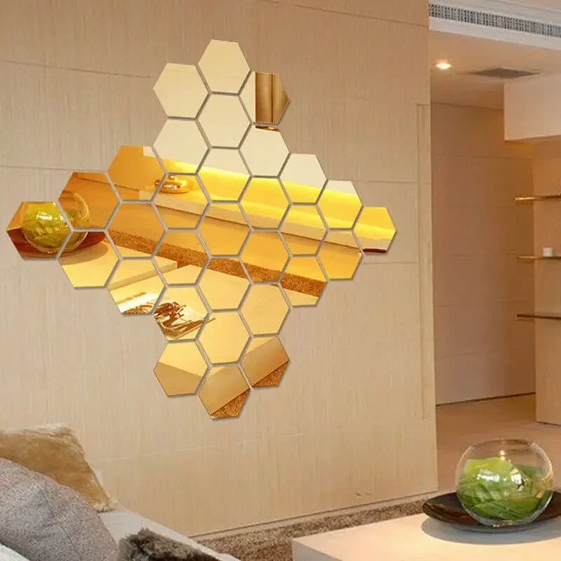 Hexagon Mirror Wall Stickers | Self-Adhesive Acrylic Mosaic Tile Decals for DIY Home Decor