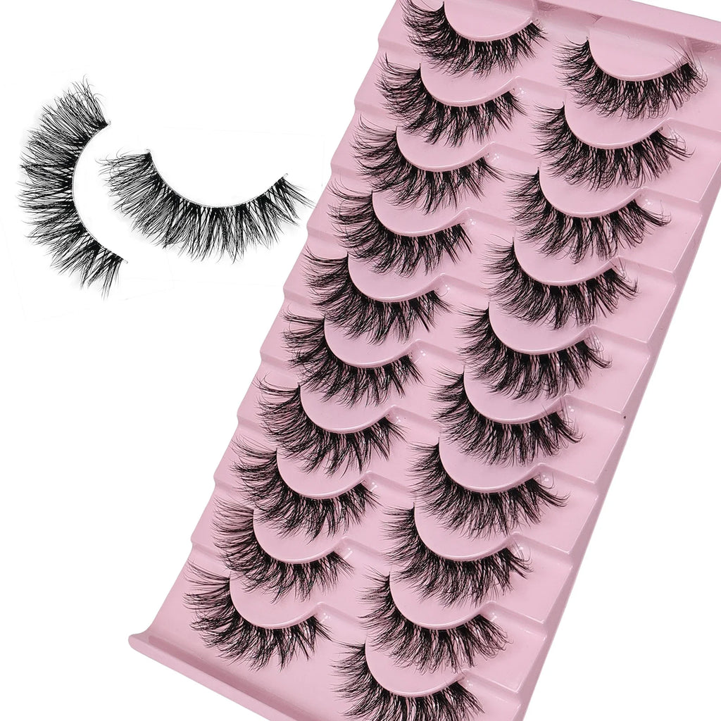 10 Pairs Natural Fluffy False Eyelashes Wispy Lashes | 3D Volume Strip Lashes D Curl Fake Eyelashes with Clear Band