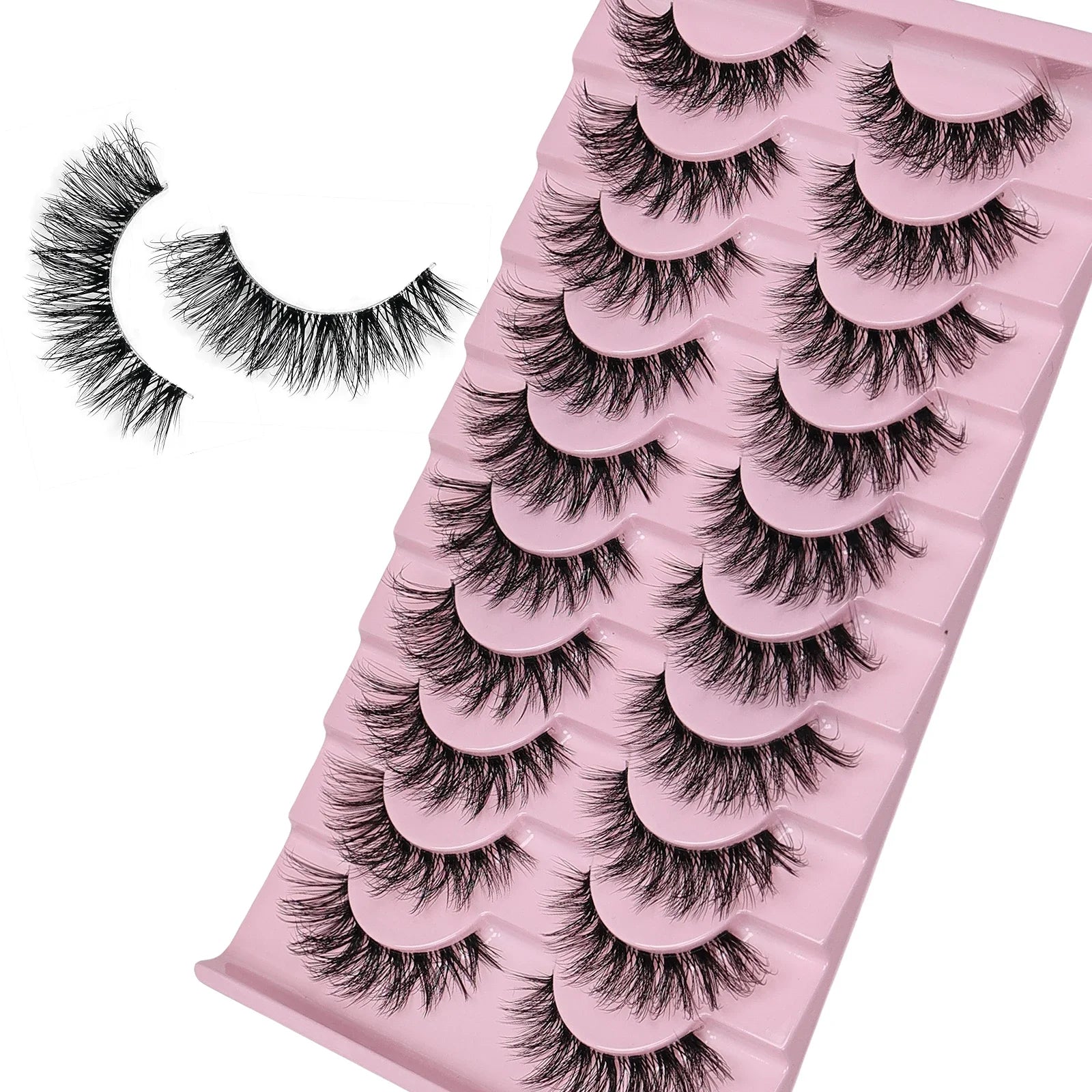 10 Pairs Natural Fluffy False Eyelashes Wispy Lashes | 3D Volume Strip Lashes D Curl Fake Eyelashes with Clear Band