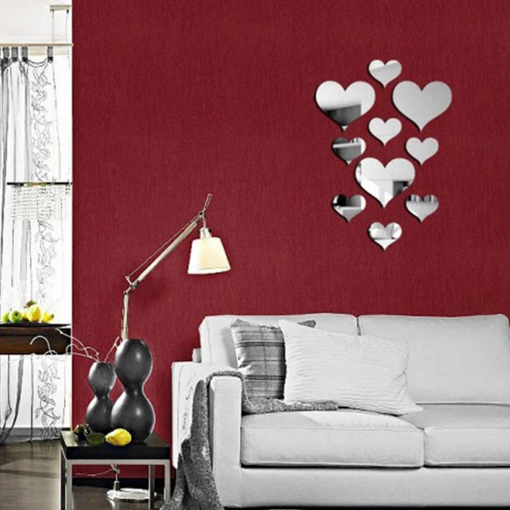 10Pcs Acrylic Love Heart Wall Stickers | Mirror 3D Decals for Home Decor
