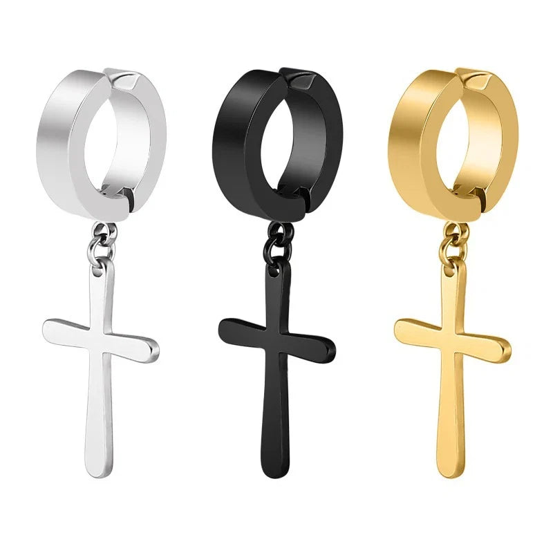 Punk Cross Stars Clip On Earrings | No Piercing Stainless Steel Ear Cuffs for Women Men