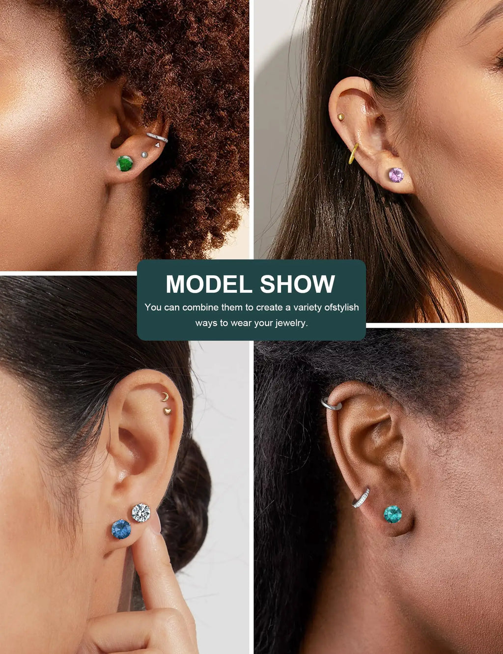 Stainless Steel Cubic Zirconia Stud Earrings Set | 12 Color Hypoallergenic Earrings for Sensitive Skin