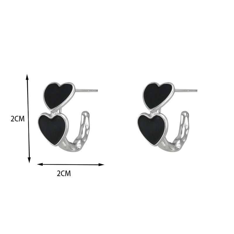 Vintage Goth Black Enamel Heart Stud Earrings | Dark Aesthetic Hollow Metal C-Shaped Jewelry