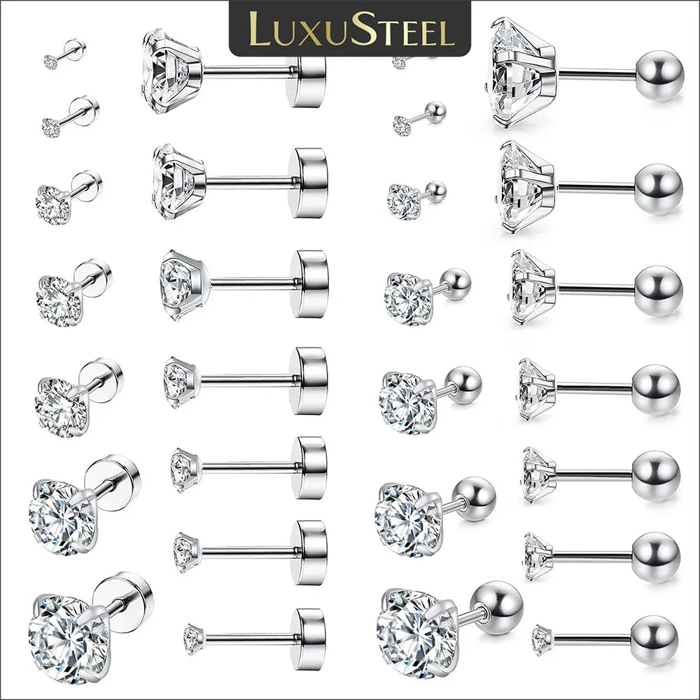 LUXUSTEEL Stainless Steel Round Cubic Zirconia Stud Earrings | Silver Screw-Back Earrings for Women