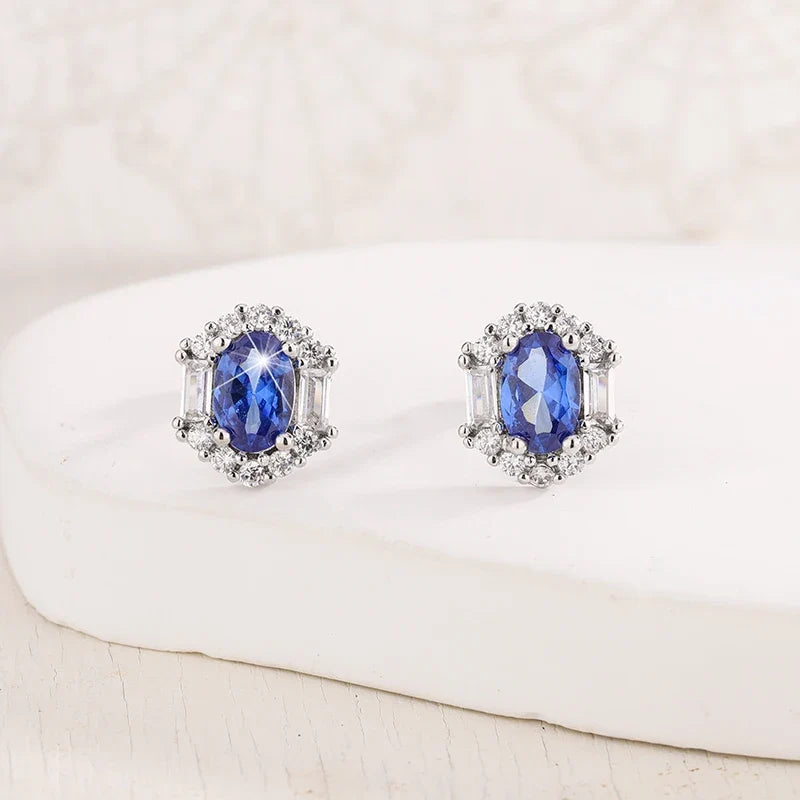 S925 Sterling Silver Sapphire Stud Earrings | Women's Fine Jewelry Gift