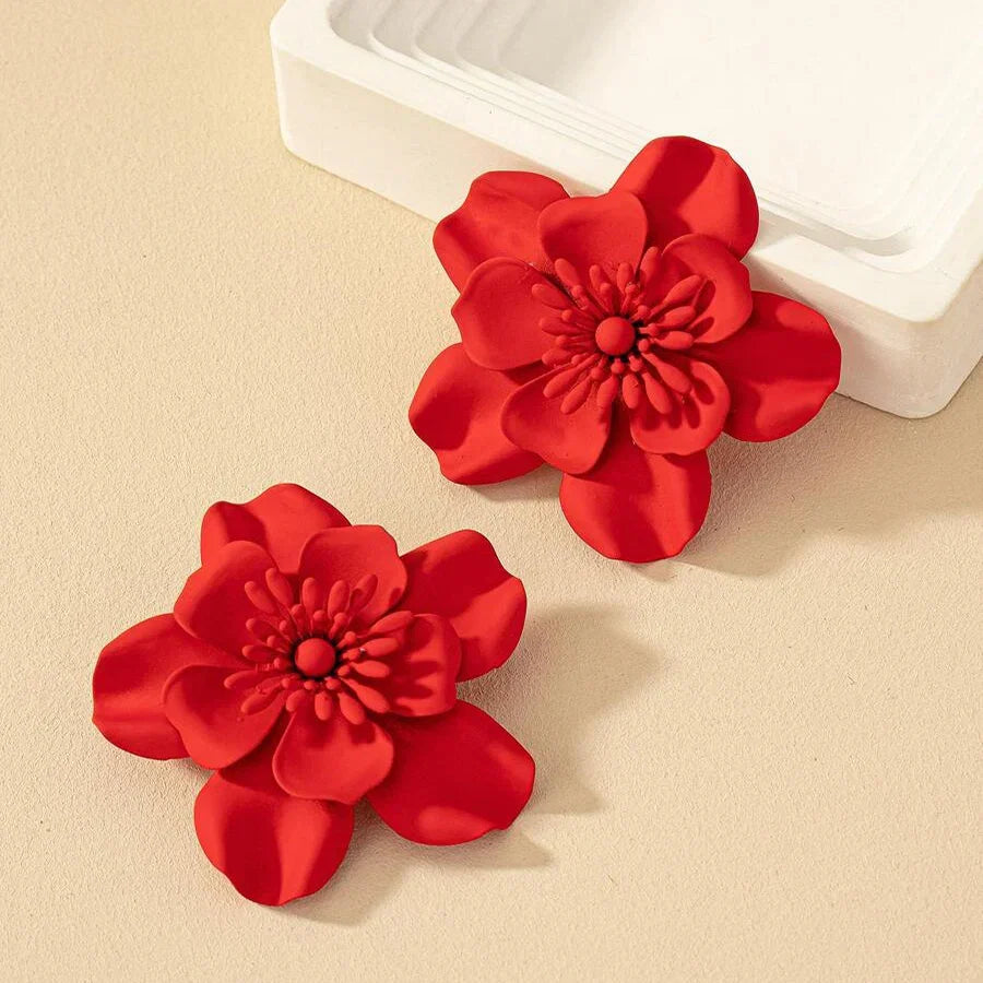 Obega Red Flower Stud Earrings | Bohemian Statement Metal Earrings for Women
