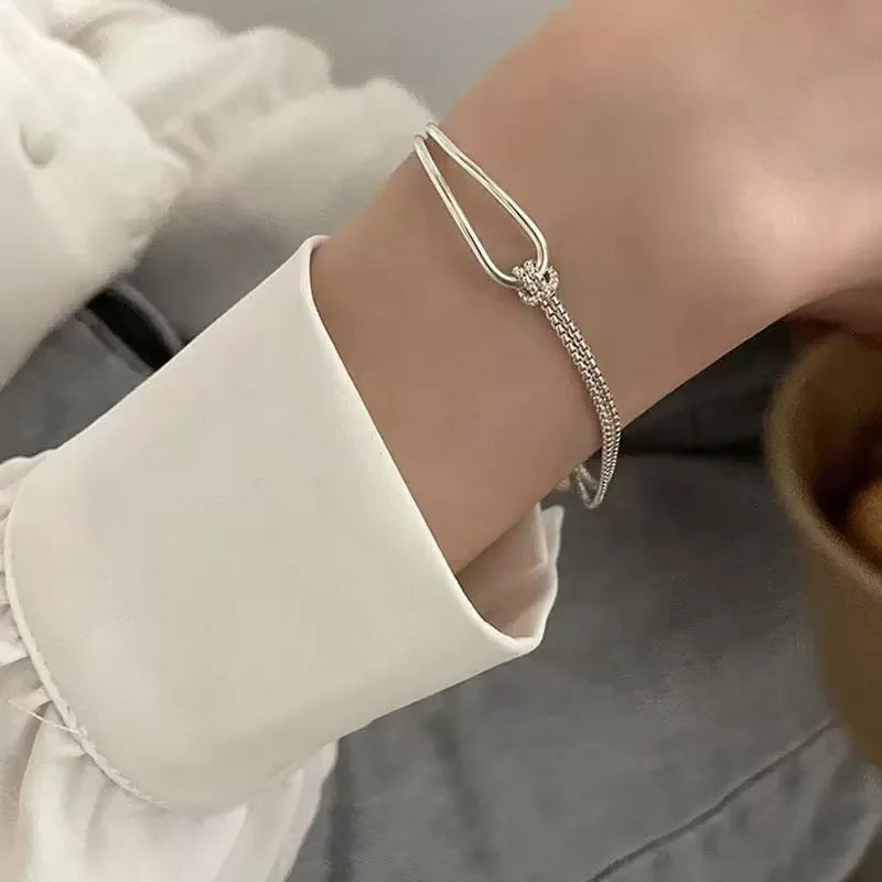 925 Sterling Silver Bracelet | Light Luxury Minimalist Half-Bangle Half-Chain Jewelry