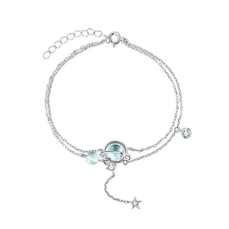 Aquamarine Crystal Encrusted Sterling Silver Bracelet | Double Layer Charm Bracelet