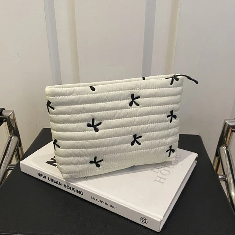 Large Capacity Embroidered Bow Cosmetic Case | Cute Zipper Makeup Bag