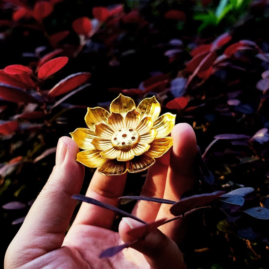 Gold Lotus Incense Burner | Metal Incense Holder with Detachable Ash Catcher