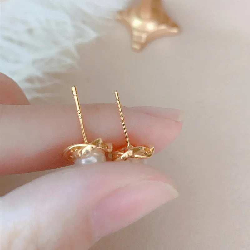 14k Gold Zircon Pearl Twist Stud Earrings | Luxury Women's Jewelry