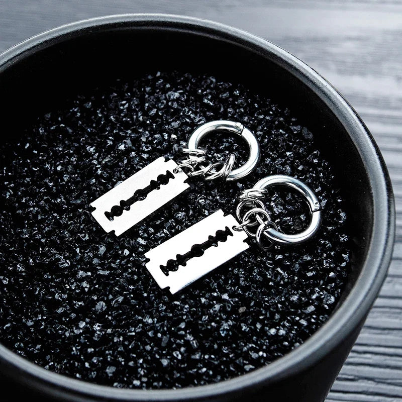 Vintage Razor Hollow Drop Earrings | Stainless Steel Punk Dangle Earrings for Men and Women