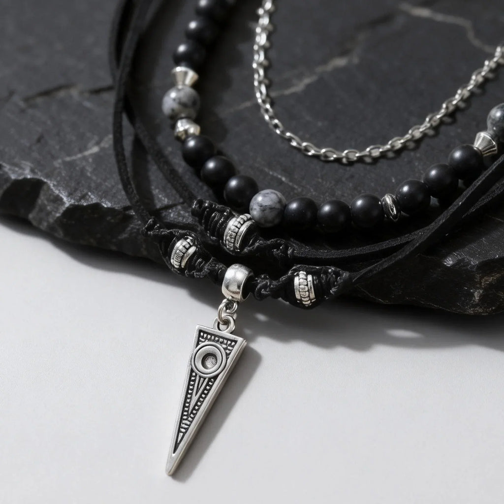 Multi-Layer Black Leather Necklace | Rock Punk Geometric Pendant for Men