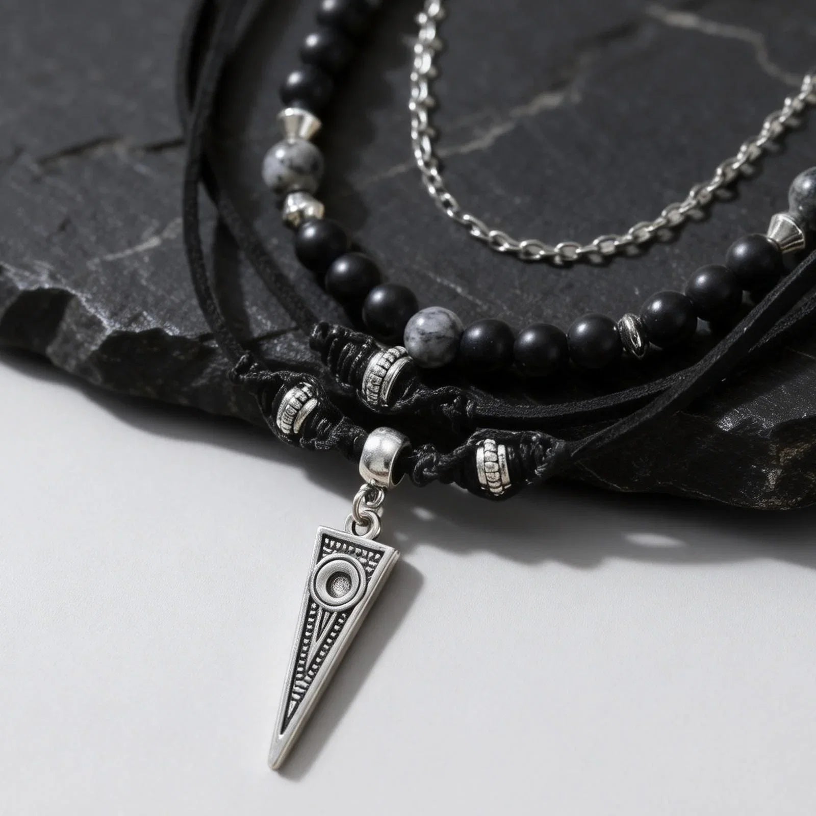 Multi-Layer Black Leather Necklace | Rock Punk Geometric Pendant for Men