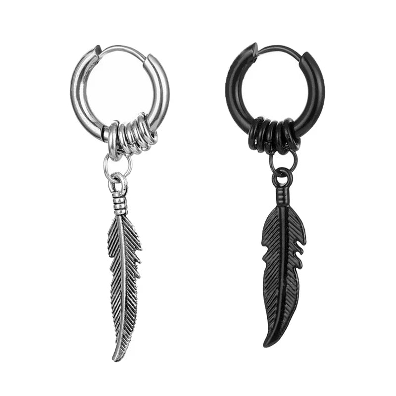2pc Punk Cross Feather Stud Earrings | Unisex Stainless Steel Hoop Earrings