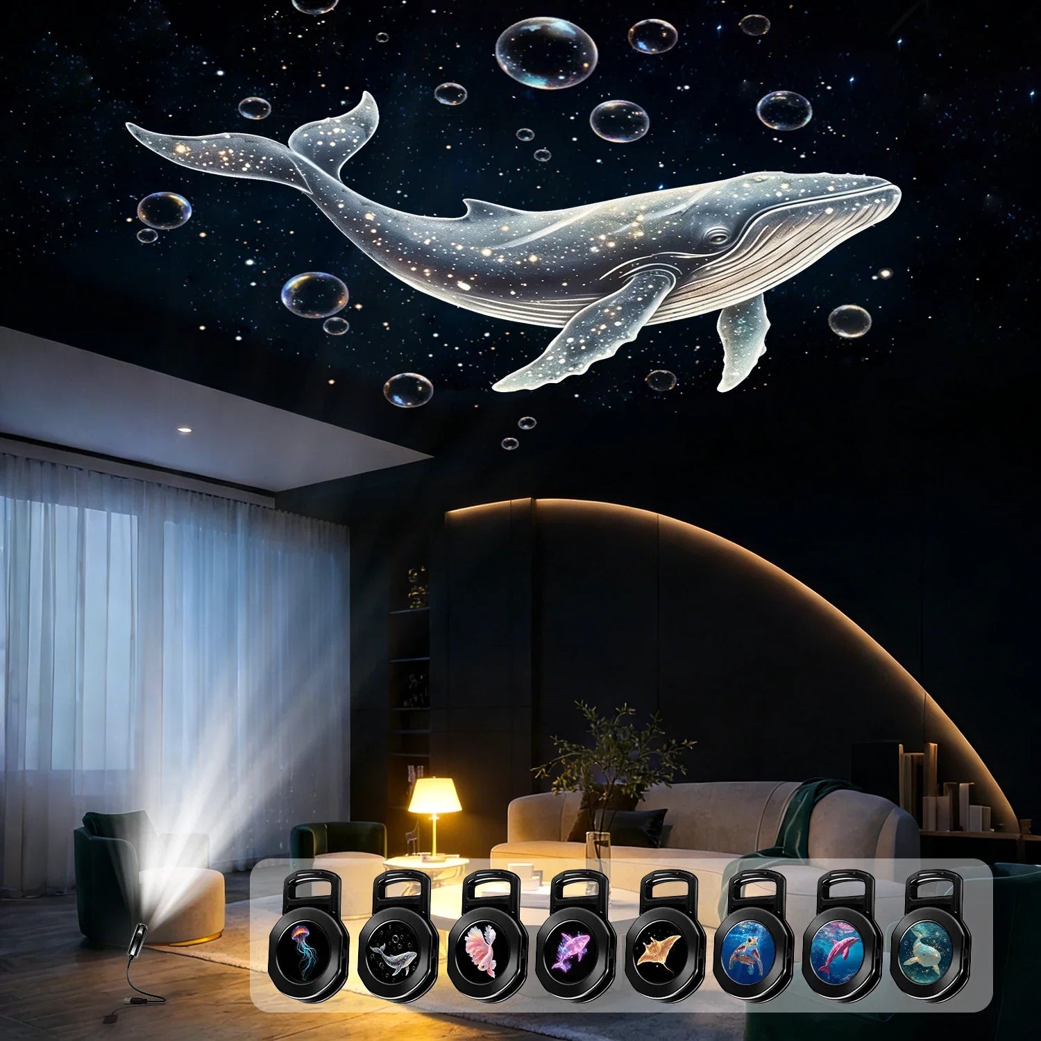 Ocean USB Projector Night Light | 8 Replaceable Lamp Sheets for Ambient Home Ceiling Lighting