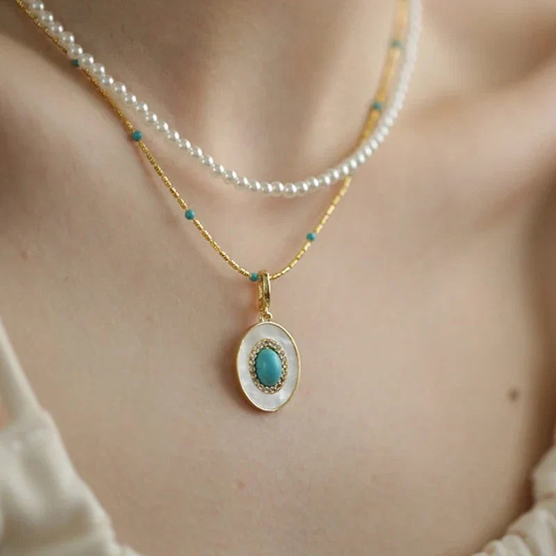 Natural Turquoise Oval Shell Pendant Necklace | Gold Chain Collarbone Jewelry
