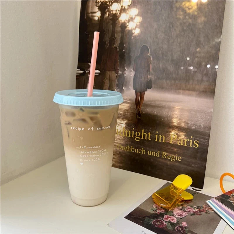 Cute Kawaii Water Bottle | Reusable Plastic Tumbler with Straw Lid for Coffee Juice Tea