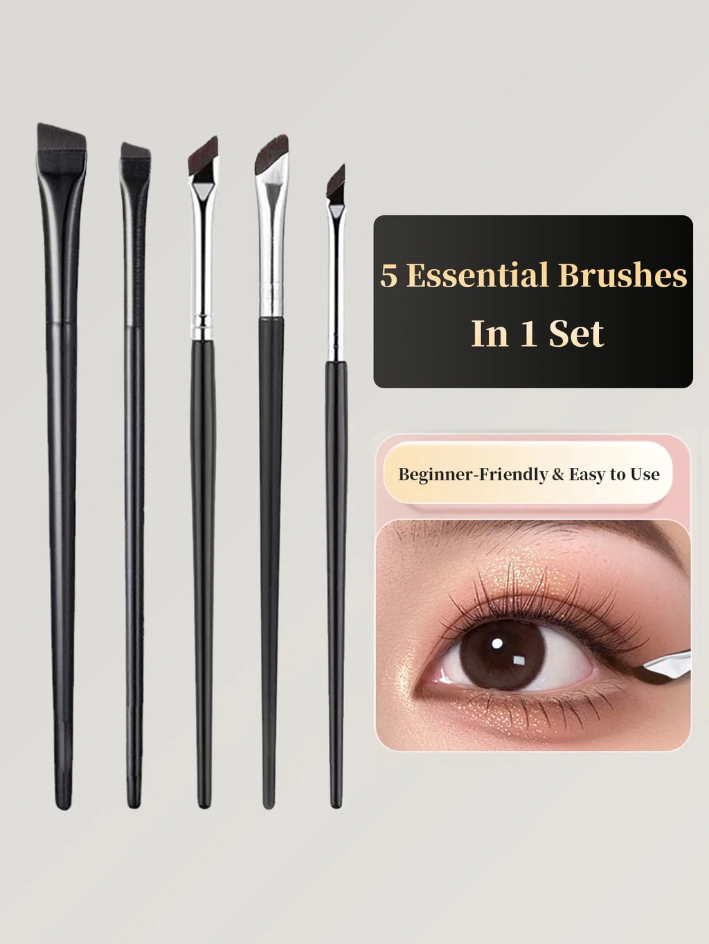 5-Piece Makeup Brush Set | Blade Eyeliner, Flat Eyebrow & Silkworm Brushes