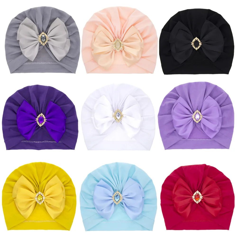 Solid Color Baby Turban Bow Beanie with Rhinestone | Handmade Infant Cap for Girls 0-2 Years
