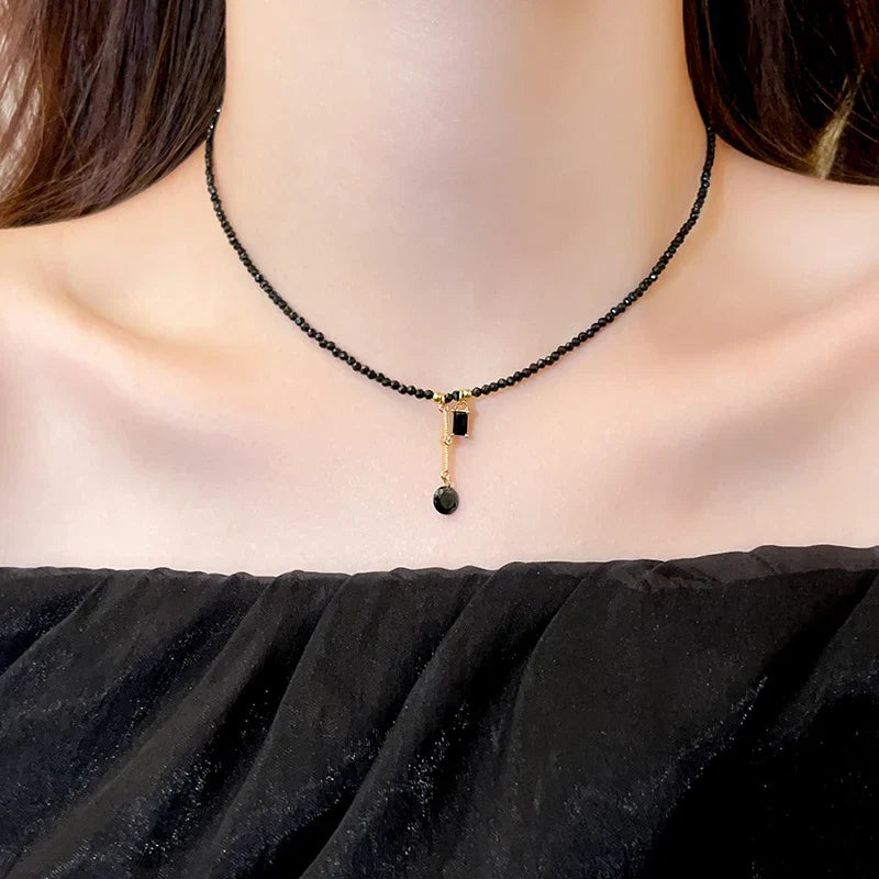 Black Crystal Bead Tassel Necklace | Trendy Collarbone Chain