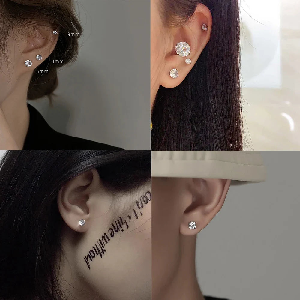 LUXUSTEEL Crystal Zircon Stud Earrings | Screw Back Round CZ Earrings for Men Women