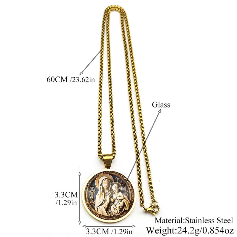 Virgin Mary Hold Baby Jesus Glass Round Medal Pendant Necklace | Gold Stainless Steel Catholic Amulet