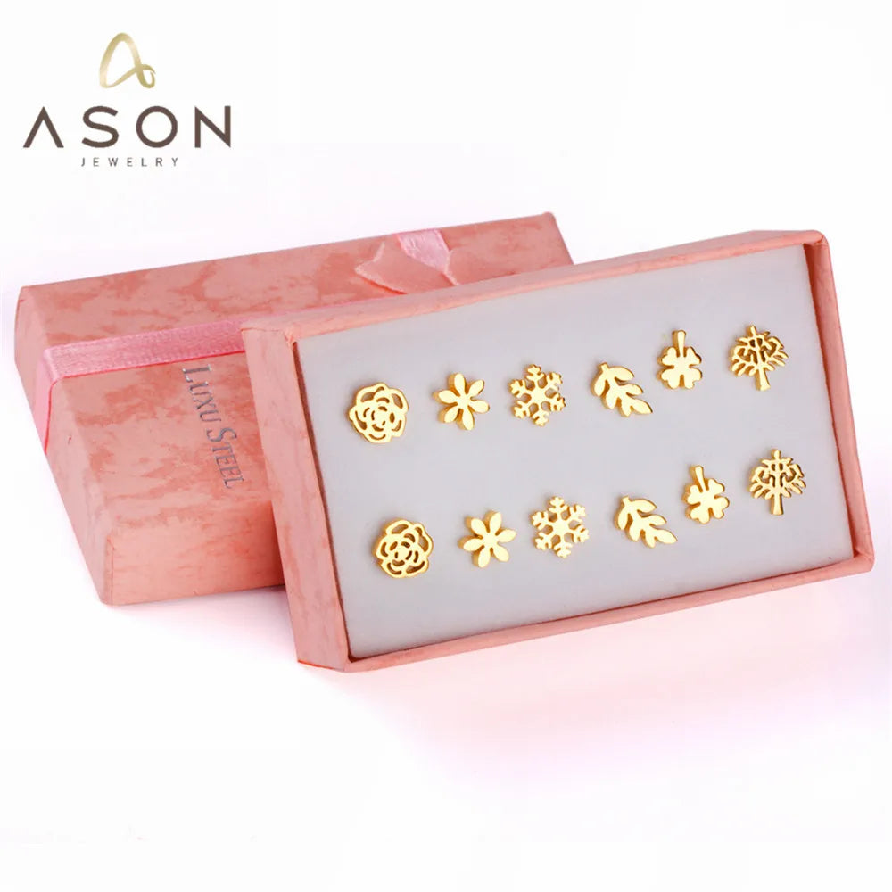 6 Pairs Vintage Stud Earrings Set for Women | Stainless Steel Snowflake Piercing