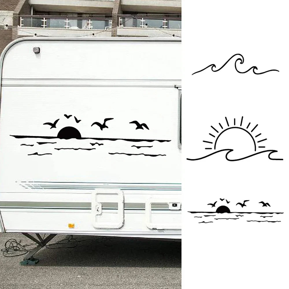 Sunset Over Ocean Scene RV Camper Decal | Beach Sunset Vinyl Sticker for Car Window Laptop Decor