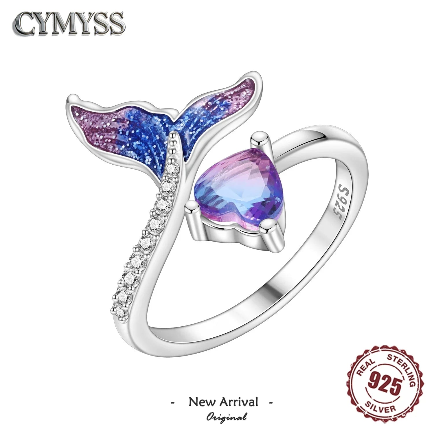 925 Sterling Silver Open Ring Adjustable Mermaid Heart Zircon Ring | Women's Fine Jewelry
