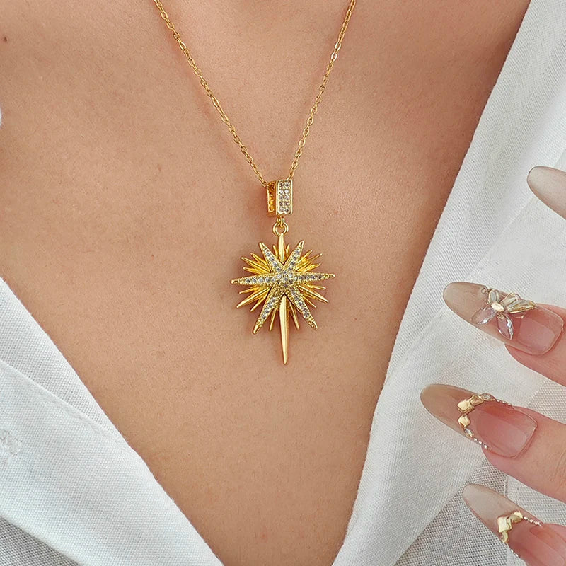 316L Stainless Steel Star Pendant Necklace | Shiny Zircon Jewelry for Women