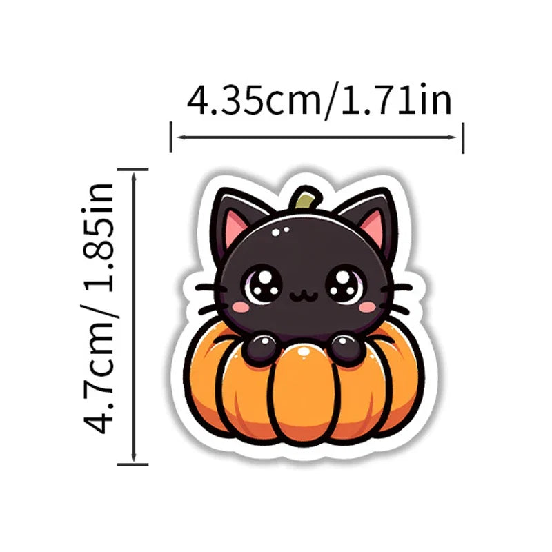 50PCS Halloween Stickers Cute Cartoon Cat Pumpkin Fun Holiday Decals Pack | Vinyl Waterproof Scrapbook Stickers