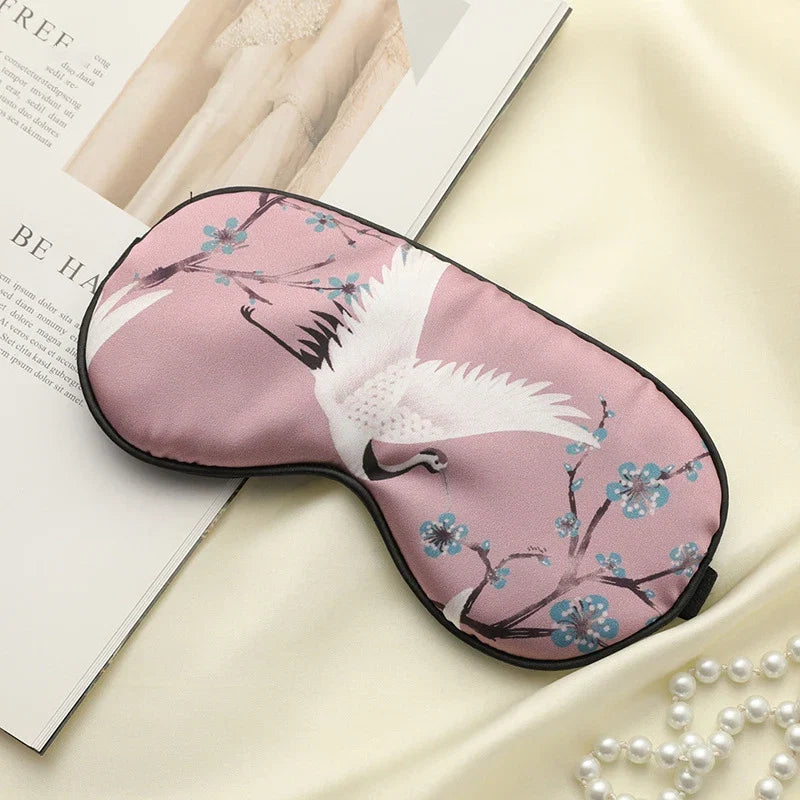 Imitated Silk Sleeping Eye Mask with Crane Print | Adjustable Blindfold for Travel and Relaxation
