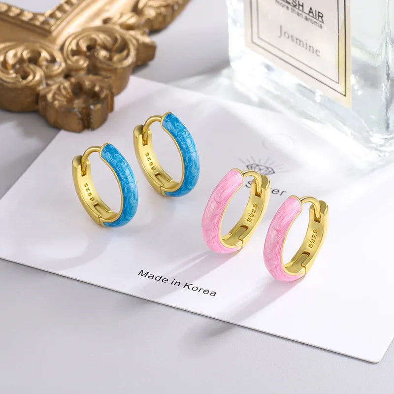 925 Sterling Silver Enamel Pink Blue Stud Earrings for Women | Luxury Piercing Jewelry