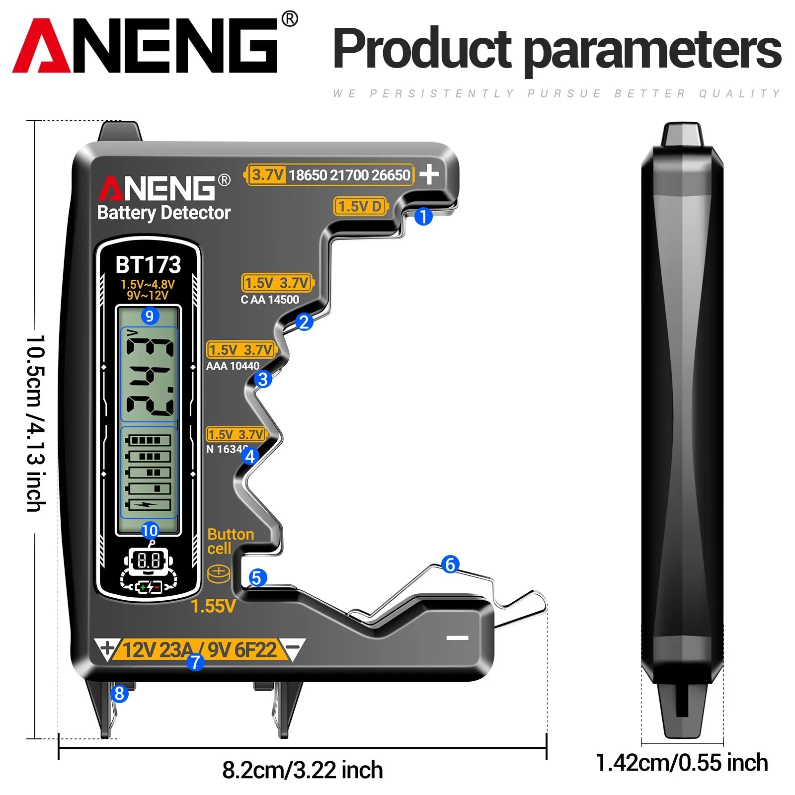 ANENG BT173 Universal Digital Battery Tester | 18650/AA/AAA/9V/12V Button Battery Level Display Tool