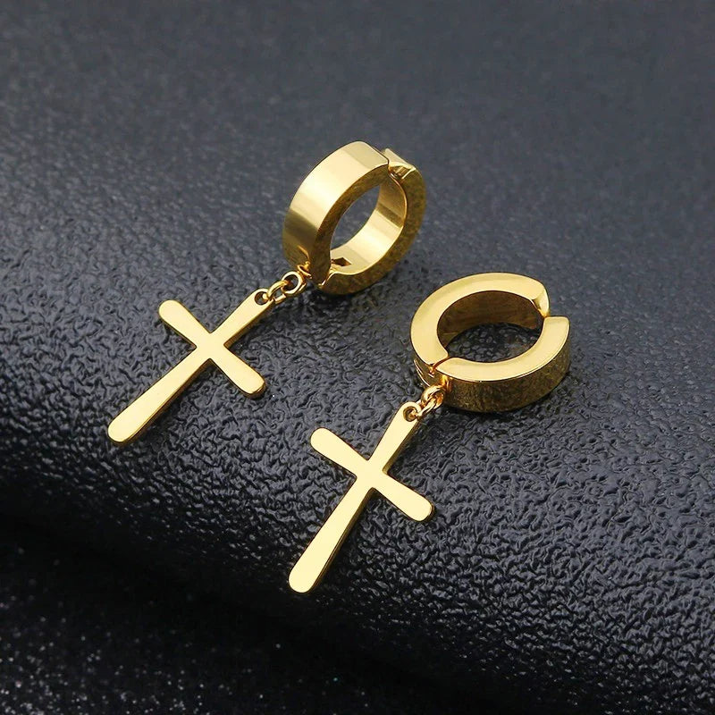 Punk Cross Stars Clip On Earrings | No Piercing Stainless Steel Ear Cuffs for Women Men